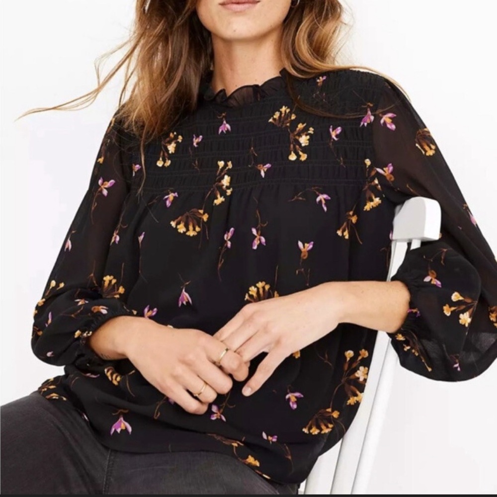 Madewell Black Floral smocked high neck blouse size xxs long sleeve